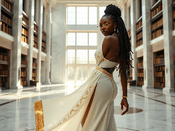 Ultra-detailed full body cinematic masterpiece, 8K, hyper-realistic shot low-angle below eye level at her waist looking up she's in the centre directly facing the camera lit by very faint sunlight. a graceful regal cute athletic voluptuous 20 year old East African Nubian/Habesha mixed princess standing in a vast white marble modern grand hall/library. She has thick elegant upswept bun long vellus dreadlocks loose locks framing her face with gold trinkets & radiant sweaty tanned dark cacao ebony skin. She has large bright regal hazel eyes framed with dark smoky eyeliner and pale shimmering gold eyeshadow & dark plum lipstick on her upper lip with a lighter plum tone on the lower lip. She wears a fitted very thin white chiffon silk halter bodice with a very deep plunging neckline & back and aa ankle-length flowing ribbon train made of two ribbon panels with dual wide symmetrical torso length splits along each leg, the dress has fine intricate angular shimmering gold symmetrical geometric pattern. Her jewelry is an elaborate black lace choker, gold circlet, earrings, chains, bracelets, armbands & anklets and elegant ivory & gold high stiletto shoes & glasses. She stands & leans back on a large ornate dark oak table eyes fixed on the camera. She has gold linear geometric patterns painted on her arms & shoulders. there's a puddle of water on the floor from her dripping wet dress. The setting is a grand sunlit white marble hall with tall soaring ceilings & grand white marble walls with towering dark wood shelves of books, a floor to ceiling rectangular-glass tinted window behind her with a polished patterned marble floor, casting warm amber diffused light and soft rim lighting around her silhouette. light rays cascade from the continuous glass windows near the ceiling refracting off the mild volumetric fog & dust in the room. The mood is bright, powerful & cinematic.  Palette of gold, white, ivory and amber.  Style: hyper-realistic & candid with afternoon sunlight in the grand space, diffused incandescent amber light, high detail, textures, no harsh direct bright light on the subject just warm refracted tones