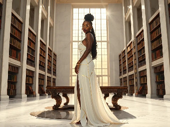 Ultra-detailed full body cinematic masterpiece, 8K, hyper-realistic shot low-angle below eye level at her waist looking up she's in the centre directly facing the camera lit by very faint sunlight. a graceful regal cute athletic voluptuous 20 year old East African Nubian/Habesha mixed princess standing in a vast white marble modern grand hall/library. She has thick elegant upswept bun long vellus dreadlocks loose locks framing her face with gold trinkets & radiant sweaty tanned dark cacao ebony skin. She has large bright regal hazel eyes framed with dark smoky eyeliner and pale shimmering gold eyeshadow & dark plum lipstick on her upper lip with a lighter plum tone on the lower lip. She wears a fitted very thin white chiffon silk halter bodice with a very deep plunging neckline & back and aa ankle-length flowing ribbon train made of two ribbon panels with dual wide symmetrical torso length splits along each leg, the dress has fine intricate angular shimmering gold symmetrical geometric pattern. Her jewelry is an elaborate black lace choker, gold circlet, earrings, chains, bracelets, armbands & anklets and elegant ivory & gold high stiletto shoes & glasses. She stands & leans back on a large ornate dark oak table eyes fixed on the camera. She has gold linear geometric patterns painted on her arms & shoulders. there's a puddle of water on the floor from her dripping wet dress. The setting is a grand sunlit white marble hall with tall soaring ceilings & grand white marble walls with towering dark wood shelves of books, a floor to ceiling rectangular-glass tinted window behind her with a polished patterned marble floor, casting warm amber diffused light and soft rim lighting around her silhouette. light rays cascade from the continuous glass windows near the ceiling refracting off the mild volumetric fog & dust in the room. The mood is bright, powerful & cinematic.  Palette of gold, white, ivory and amber.  Style: hyper-realistic & candid with afternoon sunlight in the grand space, diffused incandescent amber light, high detail, textures, no harsh direct bright light on the subject just warm refracted tones