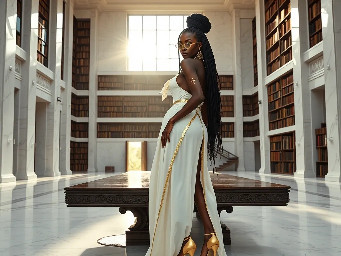 Ultra-detailed full body cinematic masterpiece, 8K, hyper-realistic shot low-angle below eye level at her waist looking up she's in the centre directly facing the camera lit by very faint sunlight. a graceful regal cute athletic voluptuous 20 year old East African Nubian/Habesha mixed princess standing in a vast white marble modern grand hall/library. She has thick elegant upswept bun long vellus dreadlocks loose locks framing her face with gold trinkets & radiant sweaty tanned dark cacao ebony skin. She has large bright regal hazel eyes framed with dark smoky eyeliner and pale shimmering gold eyeshadow & dark plum lipstick on her upper lip with a lighter plum tone on the lower lip. She wears a fitted very thin white chiffon silk halter bodice with a very deep plunging neckline & back and aa ankle-length flowing ribbon train made of two ribbon panels with dual wide symmetrical torso length splits along each leg, the dress has fine intricate angular shimmering gold symmetrical geometric pattern. Her jewelry is an elaborate black lace choker, gold circlet, earrings, chains, bracelets, armbands & anklets and elegant ivory & gold high stiletto shoes & glasses. She stands & leans back on a large ornate dark oak table eyes fixed on the camera. She has gold linear geometric patterns painted on her arms & shoulders. there's a puddle of water on the floor from her dripping wet dress. The setting is a grand sunlit white marble hall with tall soaring ceilings & grand white marble walls with towering dark wood shelves of books, a floor to ceiling rectangular-glass tinted window behind her with a polished patterned marble floor, casting warm amber diffused light and soft rim lighting around her silhouette. light rays cascade from the continuous glass windows near the ceiling refracting off the mild volumetric fog & dust in the room. The mood is bright, powerful & cinematic.  Palette of gold, white, ivory and amber.  Style: hyper-realistic & candid with afternoon sunlight in the grand space, diffused incandescent amber light, high detail, textures, no harsh direct bright light on the subject just warm refracted tones