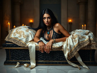 Ultra-photorealistic fantasy portrait, masterpiece, cinematic realism, 8K HDR, medium-format photography, physically based rendering, ultra-detailed skin with realistic pores, dramatic lighting, volumetric atmosphere, shallow depth of field.  Deity is Nephy, beautiful, tall 25 year old Egyptian-Turkish mixed enchantress, she has dark hazel eyes with amber highlights, with an inquisitive gaze. She has tanned almond radiant skin. She has shimmering dark blue eyeshadow and a smokey grey eyeliner. She has very long, glossy, thick, layered straight midnight black hair. She wears a black lace & satin and chiffon silk with a shimmering cobalt iridescence halter top with teardrop cutouts & microshorts. She wears ornate pale gold & dark blue sapphire cabochon jewelry; necklace with dark teal cabochon pendant, bracelets, earrings, anklets & rings. Black lace garter belt attached to thigh high sheer dark slate with a shimmering blue sparkling iridescence & pale gold lace upper border with pale gold filigree & dark sapphire cabochons.  Close-up centred portrait of a female deity laying slightly reclined on her side propped up on her elbows looking at the viewer on a large opulent ornate obsidian & gold open sarcophagus with ornately decorated silk sheets & puffy quilt in a dark chamber with sandstone rendered walls & polished white marble floors in a dimly candle lit Egyptian temple. the sheets are ivory with white floral embroidery, the thick quilt is a rich cream color with fine gold swirling filigree, numerous large white silk ribbons with ivory satin laurel leaf embroidery draped randomly on the sarcophagus. the scene though quite dark is illuminated by warm diffused amber candle light.