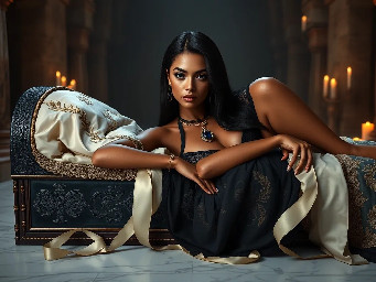 Ultra-photorealistic fantasy portrait, masterpiece, cinematic realism, 8K HDR, medium-format photography, physically based rendering, ultra-detailed skin with realistic pores, dramatic lighting, volumetric atmosphere, shallow depth of field.  Deity is Nephy, beautiful, tall 25 year old Egyptian-Turkish mixed enchantress, she has dark hazel eyes with amber highlights, with an inquisitive gaze. She has tanned almond radiant skin. She has shimmering dark blue eyeshadow and a smokey grey eyeliner. She has very long, glossy, thick, layered straight midnight black hair. She wears a black lace & satin and chiffon silk with a shimmering cobalt iridescence halter top with teardrop cutouts & microshorts. She wears ornate pale gold & dark blue sapphire cabochon jewelry; necklace with dark teal cabochon pendant, bracelets, earrings, anklets & rings. Black lace garter belt attached to thigh high sheer dark slate with a shimmering blue sparkling iridescence & pale gold lace upper border with pale gold filigree & dark sapphire cabochons.  Close-up centred portrait of a female deity laying slightly reclined on her side propped up on her elbows looking at the viewer on a large opulent ornate obsidian & gold open sarcophagus with ornately decorated silk sheets & puffy quilt in a dark chamber with sandstone rendered walls & polished white marble floors in a dimly candle lit Egyptian temple. the sheets are ivory with white floral embroidery, the thick quilt is a rich cream color with fine gold swirling filigree, numerous large white silk ribbons with ivory satin laurel leaf embroidery draped randomly on the sarcophagus. the scene though quite dark is illuminated by warm diffused amber candle light.