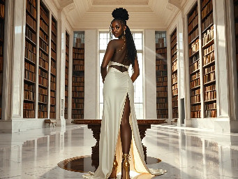 Ultra-detailed full body cinematic masterpiece, 8K, hyper-realistic shot low-angle below eye level at her waist looking up she's in the centre directly facing the camera lit by very faint sunlight. a graceful regal cute athletic voluptuous 20 year old East African Nubian/Habesha mixed princess standing in a vast white marble modern grand hall/library. She has thick elegant upswept bun long vellus dreadlocks loose locks framing her face with gold trinkets & radiant sweaty tanned dark cacao ebony skin. She has large bright regal hazel eyes framed with dark smoky eyeliner and pale shimmering gold eyeshadow & dark plum lipstick on her upper lip with a lighter plum tone on the lower lip. She wears a fitted very thin white chiffon silk halter bodice with a very deep plunging neckline & back and aa ankle-length flowing ribbon train made of two ribbon panels with dual wide symmetrical torso length splits along each leg, the dress has fine intricate angular shimmering gold symmetrical geometric pattern. Her jewelry is an elaborate black lace choker, gold circlet, earrings, chains, bracelets, armbands & anklets and elegant ivory & gold high stiletto shoes & glasses. She stands & leans back on a large ornate dark oak table eyes fixed on the camera. She has gold linear geometric patterns painted on her arms & shoulders. there's a puddle of water on the floor from her dripping wet dress. The setting is a grand sunlit white marble hall with tall soaring ceilings & grand white marble walls with towering dark wood shelves of books, a floor to ceiling rectangular-glass tinted window behind her with a polished patterned marble floor, casting warm amber diffused light and soft rim lighting around her silhouette. light rays cascade from the continuous glass windows near the ceiling refracting off the mild volumetric fog & dust in the room. The mood is bright, powerful & cinematic.  Palette of gold, white, ivory and amber.  Style: hyper-realistic & candid with afternoon sunlight in the grand space, diffused incandescent amber light, high detail, textures, no harsh direct bright light on the subject just warm refracted tones