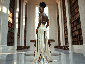 Ultra-detailed full body cinematic masterpiece, 8K, hyper-realistic shot low-angle below eye level at her waist looking up she's in the centre directly facing the camera lit by very faint sunlight. a graceful regal cute athletic voluptuous 20 year old East African Nubian/Habesha mixed princess standing in a vast white marble modern grand hall/library. She has thick elegant upswept bun long vellus dreadlocks loose locks framing her face with gold trinkets & radiant sweaty tanned dark cacao ebony skin. She has large bright regal hazel eyes framed with dark smoky eyeliner and pale shimmering gold eyeshadow & dark plum lipstick on her upper lip with a lighter plum tone on the lower lip. She wears a fitted very thin white chiffon silk halter bodice with a very deep plunging neckline & back and aa ankle-length flowing ribbon train made of two ribbon panels with dual wide symmetrical torso length splits along each leg, the dress has fine intricate angular shimmering gold symmetrical geometric pattern. Her jewelry is an elaborate black lace choker, gold circlet, earrings, chains, bracelets, armbands & anklets and elegant ivory & gold high stiletto shoes & glasses. She stands & leans back on a large ornate dark oak table eyes fixed on the camera. She has gold linear geometric patterns painted on her arms & shoulders. there's a puddle of water on the floor from her dripping wet dress. The setting is a grand sunlit white marble hall with tall soaring ceilings & grand white marble walls with towering dark wood shelves of books, a floor to ceiling rectangular-glass tinted window behind her with a polished patterned marble floor, casting warm amber diffused light and soft rim lighting around her silhouette. light rays cascade from the continuous glass windows near the ceiling refracting off the mild volumetric fog & dust in the room. The mood is bright, powerful & cinematic.  Palette of gold, white, ivory and amber.  Style: hyper-realistic & candid with afternoon sunlight in the grand space, diffused incandescent amber light, high detail, textures, no harsh direct bright light on the subject just warm refracted tones