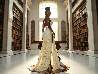 Ultra-detailed full body cinematic masterpiece, 8K, hyper-realistic shot low-angle below eye level at her waist looking up she's in the centre directly facing the camera lit by very faint sunlight. a graceful regal cute athletic voluptuous 20 year old East African Nubian/Habesha mixed princess standing in a vast white marble modern grand hall/library. She has thick elegant upswept bun long vellus dreadlocks loose locks framing her face with gold trinkets & radiant sweaty tanned dark cacao ebony skin. She has large bright regal hazel eyes framed with dark smoky eyeliner and pale shimmering gold eyeshadow & dark plum lipstick on her upper lip with a lighter plum tone on the lower lip. She wears a fitted very thin white chiffon silk halter bodice with a very deep plunging neckline & back and aa ankle-length flowing ribbon train made of two ribbon panels with dual wide symmetrical torso length splits along each leg, the dress has fine intricate angular shimmering gold symmetrical geometric pattern. Her jewelry is an elaborate black lace choker, gold circlet, earrings, chains, bracelets, armbands & anklets and elegant ivory & gold high stiletto shoes & glasses. She stands & leans back on a large ornate dark oak table eyes fixed on the camera. She has gold linear geometric patterns painted on her arms & shoulders. there's a puddle of water on the floor from her dripping wet dress. The setting is a grand sunlit white marble hall with tall soaring ceilings & grand white marble walls with towering dark wood shelves of books, a floor to ceiling rectangular-glass tinted window behind her with a polished patterned marble floor, casting warm amber diffused light and soft rim lighting around her silhouette. light rays cascade from the continuous glass windows near the ceiling refracting off the mild volumetric fog & dust in the room. The mood is bright, powerful & cinematic.  Palette of gold, white, ivory and amber.  Style: hyper-realistic & candid with afternoon sunlight in the grand space, diffused incandescent amber light, high detail, textures, no harsh direct bright light on the subject just warm refracted tones