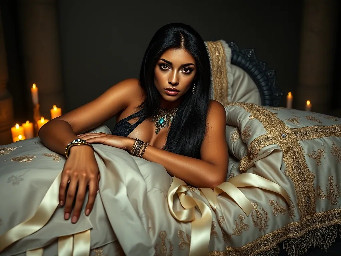 Ultra-photorealistic fantasy portrait, masterpiece, cinematic realism, 8K HDR, medium-format photography, physically based rendering, ultra-detailed skin with realistic pores, dramatic lighting, volumetric atmosphere, shallow depth of field.  Deity is Nephy, beautiful, tall 25 year old Egyptian-Turkish mixed enchantress, she has dark hazel eyes with amber highlights, with an inquisitive gaze. She has tanned almond radiant skin. She has shimmering dark blue eyeshadow and a smokey grey eyeliner. She has very long, glossy, thick, layered straight midnight black hair. She wears a black lace & satin and chiffon silk with a shimmering cobalt iridescence halter top with teardrop cutouts & microshorts. She wears ornate pale gold & dark blue sapphire cabochon jewelry; necklace with dark teal cabochon pendant, bracelets, earrings, anklets & rings. Black lace garter belt attached to thigh high sheer dark slate with a shimmering blue sparkling iridescence & pale gold lace upper border with pale gold filigree & dark sapphire cabochons.  Close-up centred portrait of a female deity laying slightly reclined on her side propped up on her elbows looking at the viewer on a large opulent ornate obsidian & gold open sarcophagus with ornately decorated silk sheets & puffy quilt in a dark chamber with sandstone rendered walls & polished white marble floors in a dimly candle lit Egyptian temple. the sheets are ivory with white floral embroidery, the thick quilt is a rich cream color with fine gold swirling filigree, numerous large white silk ribbons with ivory satin laurel leaf embroidery draped randomly on the sarcophagus. the scene though quite dark is illuminated by warm diffused amber candle light.