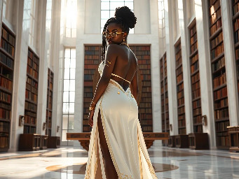 Ultra-detailed full body cinematic masterpiece, 8K, hyper-realistic shot low-angle below eye level at her waist looking up she's in the centre directly facing the camera lit by very faint sunlight. a graceful regal cute athletic voluptuous 20 year old East African Nubian/Habesha mixed princess standing in a vast white marble modern grand hall/library. She has thick elegant upswept bun long vellus dreadlocks loose locks framing her face with gold trinkets & radiant sweaty tanned dark cacao ebony skin. She has large bright regal hazel eyes framed with dark smoky eyeliner and pale shimmering gold eyeshadow & dark plum lipstick on her upper lip with a lighter plum tone on the lower lip. She wears a fitted very thin white chiffon silk halter bodice with a very deep plunging neckline & back and aa ankle-length flowing ribbon train made of two ribbon panels with dual wide symmetrical torso length splits along each leg, the dress has fine intricate angular shimmering gold symmetrical geometric pattern. Her jewelry is an elaborate black lace choker, gold circlet, earrings, chains, bracelets, armbands & anklets and elegant ivory & gold high stiletto shoes & glasses. She stands & leans back on a large ornate dark oak table eyes fixed on the camera. She has gold linear geometric patterns painted on her arms & shoulders. there's a puddle of water on the floor from her dripping wet dress. The setting is a grand sunlit white marble hall with tall soaring ceilings & grand white marble walls with towering dark wood shelves of books, a floor to ceiling rectangular-glass tinted window behind her with a polished patterned marble floor, casting warm amber diffused light and soft rim lighting around her silhouette. light rays cascade from the continuous glass windows near the ceiling refracting off the mild volumetric fog & dust in the room. The mood is bright, powerful & cinematic.  Palette of gold, white, ivory and amber.  Style: hyper-realistic & candid with afternoon sunlight in the grand space, diffused incandescent amber light, high detail, textures, no harsh direct bright light on the subject just warm refracted tones