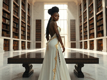 Ultra-detailed full body cinematic masterpiece, 8K, hyper-realistic shot low-angle below eye level at her waist looking up she's in the centre directly facing the camera lit by very faint sunlight. a graceful regal cute athletic voluptuous 20 year old East African Nubian/Habesha mixed princess standing in a vast white marble modern grand hall/library. She has thick elegant upswept bun long vellus dreadlocks loose locks framing her face with gold trinkets & radiant sweaty tanned dark cacao ebony skin. She has large bright regal hazel eyes framed with dark smoky eyeliner and pale shimmering gold eyeshadow & dark plum lipstick on her upper lip with a lighter plum tone on the lower lip. She wears a fitted very thin white chiffon silk halter bodice with a very deep plunging neckline & back and aa ankle-length flowing ribbon train made of two ribbon panels with dual wide symmetrical torso length splits along each leg, the dress has fine intricate angular shimmering gold symmetrical geometric pattern. Her jewelry is an elaborate black lace choker, gold circlet, earrings, chains, bracelets, armbands & anklets and elegant ivory & gold high stiletto shoes & glasses. She stands & leans back on a large ornate dark oak table eyes fixed on the camera. She has gold linear geometric patterns painted on her arms & shoulders. there's a puddle of water on the floor from her dripping wet dress. The setting is a grand sunlit white marble hall with tall soaring ceilings & grand white marble walls with towering dark wood shelves of books, a floor to ceiling rectangular-glass tinted window behind her with a polished patterned marble floor, casting warm amber diffused light and soft rim lighting around her silhouette. light rays cascade from the continuous glass windows near the ceiling refracting off the mild volumetric fog & dust in the room. The mood is bright, powerful & cinematic.  Palette of gold, white, ivory and amber.  Style: hyper-realistic & candid with afternoon sunlight in the grand space, diffused incandescent amber light, high detail, textures, no harsh direct bright light on the subject just warm refracted tones