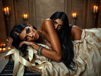 Ultra-photorealistic fantasy portrait, masterpiece, cinematic realism, 8K HDR, medium-format photography, physically based rendering, ultra-detailed skin with realistic pores, dramatic lighting, volumetric atmosphere, shallow depth of field.  Deity is Nephy, beautiful, tall 25 year old Egyptian-Turkish mixed enchantress, she has dark hazel eyes with amber highlights, with an inquisitive gaze. She has tanned almond radiant skin. She has shimmering dark blue eyeshadow and a smokey grey eyeliner. She has very long, glossy, thick, layered straight midnight black hair. She wears a black lace & satin and chiffon silk with a shimmering cobalt iridescence halter top with teardrop cutouts & microshorts. She wears ornate pale gold & dark blue sapphire cabochon jewelry; necklace with dark teal cabochon pendant, bracelets, earrings, anklets & rings. Black lace garter belt attached to thigh high sheer dark slate with a shimmering blue sparkling iridescence & pale gold lace upper border with pale gold filigree & dark sapphire cabochons.  Close-up centred portrait of a female deity laying slightly reclined on her side propped up on her elbows looking at the viewer on a large opulent ornate obsidian & gold open sarcophagus with ornately decorated silk sheets & puffy quilt in a dark chamber with sandstone rendered walls & polished white marble floors in a dimly candle lit Egyptian temple. the sheets are ivory with white floral embroidery, the thick quilt is a rich cream color with fine gold swirling filigree, numerous large white silk ribbons with ivory satin laurel leaf embroidery draped randomly on the sarcophagus. the scene though quite dark is illuminated by warm diffused amber candle light.