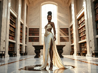 Ultra-detailed full body cinematic masterpiece, 8K, hyper-realistic shot low-angle below eye level at her waist looking up she's in the centre directly facing the camera lit by very faint sunlight. a graceful regal cute athletic voluptuous 20 year old East African Nubian/Habesha mixed princess standing in a vast white marble modern grand hall/library. She has thick elegant upswept bun long vellus dreadlocks loose locks framing her face with gold trinkets & radiant sweaty tanned dark cacao ebony skin. She has large bright regal hazel eyes framed with dark smoky eyeliner and pale shimmering gold eyeshadow & dark plum lipstick on her upper lip with a lighter plum tone on the lower lip. She wears a fitted very thin white chiffon silk halter bodice with a very deep plunging neckline & back and aa ankle-length flowing ribbon train made of two ribbon panels with dual wide symmetrical torso length splits along each leg, the dress has fine intricate angular shimmering gold symmetrical geometric pattern. Her jewelry is an elaborate black lace choker, gold circlet, earrings, chains, bracelets, armbands & anklets and elegant ivory & gold high stiletto shoes & glasses. She stands & leans back on a large ornate dark oak table eyes fixed on the camera. She has gold linear geometric patterns painted on her arms & shoulders. there's a puddle of water on the floor from her dripping wet dress. The setting is a grand sunlit white marble hall with tall soaring ceilings & grand white marble walls with towering dark wood shelves of books, a floor to ceiling rectangular-glass tinted window behind her with a polished patterned marble floor, casting warm amber diffused light and soft rim lighting around her silhouette. light rays cascade from the continuous glass windows near the ceiling refracting off the mild volumetric fog & dust in the room. The mood is bright, powerful & cinematic.  Palette of gold, white, ivory and amber.  Style: hyper-realistic & candid with afternoon sunlight in the grand space, diffused incandescent amber light, high detail, textures, no harsh direct bright light on the subject just warm refracted tones