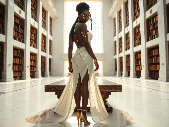 Ultra-detailed full body cinematic masterpiece, 8K, hyper-realistic shot low-angle below eye level at her waist looking up she's in the centre directly facing the camera lit by very faint sunlight. a graceful regal cute athletic voluptuous 20 year old East African Nubian/Habesha mixed princess standing in a vast white marble modern grand hall/library. She has thick elegant upswept bun long vellus dreadlocks loose locks framing her face with gold trinkets & radiant sweaty tanned dark cacao ebony skin. She has large bright regal hazel eyes framed with dark smoky eyeliner and pale shimmering gold eyeshadow & dark plum lipstick on her upper lip with a lighter plum tone on the lower lip. She wears a fitted very thin white chiffon silk halter bodice with a very deep plunging neckline & back and aa ankle-length flowing ribbon train made of two ribbon panels with dual wide symmetrical torso length splits along each leg, the dress has fine intricate angular shimmering gold symmetrical geometric pattern. Her jewelry is an elaborate black lace choker, gold circlet, earrings, chains, bracelets, armbands & anklets and elegant ivory & gold high stiletto shoes & glasses. She stands & leans back on a large ornate dark oak table eyes fixed on the camera. She has gold linear geometric patterns painted on her arms & shoulders. there's a puddle of water on the floor from her dripping wet dress. The setting is a grand sunlit white marble hall with tall soaring ceilings & grand white marble walls with towering dark wood shelves of books, a floor to ceiling rectangular-glass tinted window behind her with a polished patterned marble floor, casting warm amber diffused light and soft rim lighting around her silhouette. light rays cascade from the continuous glass windows near the ceiling refracting off the mild volumetric fog & dust in the room. The mood is bright, powerful & cinematic.  Palette of gold, white, ivory and amber.  Style: hyper-realistic & candid with afternoon sunlight in the grand space, diffused incandescent amber light, high detail, textures, no harsh direct bright light on the subject just warm refracted tones
