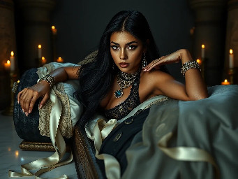 Ultra-photorealistic fantasy portrait, masterpiece, cinematic realism, 8K HDR, medium-format photography, physically based rendering, ultra-detailed skin with realistic pores, dramatic lighting, volumetric atmosphere, shallow depth of field.  Deity is Nephy, beautiful, tall 25 year old Egyptian-Turkish mixed enchantress, she has dark hazel eyes with amber highlights, with an inquisitive gaze. She has tanned almond radiant skin. She has shimmering dark blue eyeshadow and a smokey grey eyeliner. She has very long, glossy, thick, layered straight midnight black hair. She wears a black lace & satin and chiffon silk with a shimmering cobalt iridescence halter top with teardrop cutouts & microshorts. She wears ornate pale gold & dark blue sapphire cabochon jewelry; necklace with dark teal cabochon pendant, bracelets, earrings, anklets & rings. Black lace garter belt attached to thigh high sheer dark slate with a shimmering blue sparkling iridescence & pale gold lace upper border with pale gold filigree & dark sapphire cabochons.  Close-up centred portrait of a female deity laying slightly reclined on her side propped up on her elbows looking at the viewer on a large opulent ornate obsidian & gold open sarcophagus with ornately decorated silk sheets & puffy quilt in a dark chamber with sandstone rendered walls & polished white marble floors in a dimly candle lit Egyptian temple. the sheets are ivory with white floral embroidery, the thick quilt is a rich cream color with fine gold swirling filigree, numerous large white silk ribbons with ivory satin laurel leaf embroidery draped randomly on the sarcophagus. the scene though quite dark is illuminated by warm diffused amber candle light.