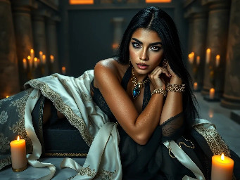 Ultra-photorealistic fantasy portrait, masterpiece, cinematic realism, 8K HDR, medium-format photography, physically based rendering, ultra-detailed skin with realistic pores, dramatic lighting, volumetric atmosphere, shallow depth of field.  Deity is Nephy, beautiful, tall 25 year old Egyptian-Turkish mixed enchantress, she has dark hazel eyes with amber highlights, with an inquisitive gaze. She has tanned almond radiant skin. She has shimmering dark blue eyeshadow and a smokey grey eyeliner. She has very long, glossy, thick, layered straight midnight black hair. She wears a black lace & satin and chiffon silk with a shimmering cobalt iridescence halter top with teardrop cutouts & microshorts. She wears ornate pale gold & dark blue sapphire cabochon jewelry; necklace with dark teal cabochon pendant, bracelets, earrings, anklets & rings. Black lace garter belt attached to thigh high sheer dark slate with a shimmering blue sparkling iridescence & pale gold lace upper border with pale gold filigree & dark sapphire cabochons.  Close-up centred portrait of a female deity laying slightly reclined on her side propped up on her elbows looking at the viewer on a large opulent ornate obsidian & gold open sarcophagus with ornately decorated silk sheets & puffy quilt in a dark chamber with sandstone rendered walls & polished white marble floors in a dimly candle lit Egyptian temple. the sheets are ivory with white floral embroidery, the thick quilt is a rich cream color with fine gold swirling filigree, numerous large white silk ribbons with ivory satin laurel leaf embroidery draped randomly on the sarcophagus. the scene though quite dark is illuminated by warm diffused amber candle light.