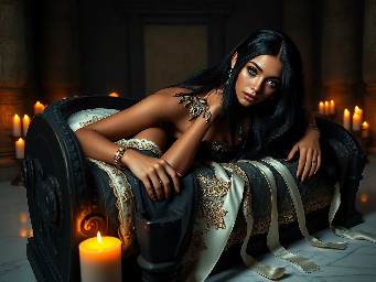Ultra-photorealistic fantasy portrait, masterpiece, cinematic realism, 8K HDR, medium-format photography, physically based rendering, ultra-detailed skin with realistic pores, dramatic lighting, volumetric atmosphere, shallow depth of field.  Deity is Nephy, beautiful, tall 25 year old Egyptian-Turkish mixed enchantress, she has dark hazel eyes with amber highlights, with an inquisitive gaze. She has tanned almond radiant skin. She has shimmering dark blue eyeshadow and a smokey grey eyeliner. She has very long, glossy, thick, layered straight midnight black hair. She wears a black lace & satin and chiffon silk with a shimmering cobalt iridescence halter top with teardrop cutouts & microshorts. She wears ornate pale gold & dark blue sapphire cabochon jewelry; necklace with dark teal cabochon pendant, bracelets, earrings, anklets & rings. Black lace garter belt attached to thigh high sheer dark slate with a shimmering blue sparkling iridescence & pale gold lace upper border with pale gold filigree & dark sapphire cabochons.  Close-up centred portrait of a female deity laying slightly reclined on her side propped up on her elbows looking at the viewer on a large opulent ornate obsidian & gold open sarcophagus with ornately decorated silk sheets & puffy quilt in a dark chamber with sandstone rendered walls & polished white marble floors in a dimly candle lit Egyptian temple. the sheets are ivory with white floral embroidery, the thick quilt is a rich cream color with fine gold swirling filigree, numerous large white silk ribbons with ivory satin laurel leaf embroidery draped randomly on the sarcophagus. the scene though quite dark is illuminated by warm diffused amber candle light.