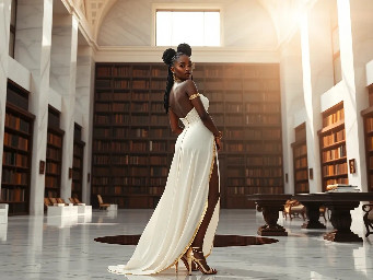 Ultra-detailed full body cinematic masterpiece, 8K, hyper-realistic shot low-angle below eye level at her waist looking up she's in the centre directly facing the camera lit by very faint sunlight. a graceful regal cute athletic voluptuous 20 year old East African Nubian/Habesha mixed princess standing in a vast white marble modern grand hall/library. She has thick elegant upswept bun long vellus dreadlocks loose locks framing her face with gold trinkets & radiant sweaty tanned dark cacao ebony skin. She has large bright regal hazel eyes framed with dark smoky eyeliner and pale shimmering gold eyeshadow & dark plum lipstick on her upper lip with a lighter plum tone on the lower lip. She wears a fitted very thin white chiffon silk halter bodice with a very deep plunging neckline & back and aa ankle-length flowing ribbon train made of two ribbon panels with dual wide symmetrical torso length splits along each leg, the dress has fine intricate angular shimmering gold symmetrical geometric pattern. Her jewelry is an elaborate black lace choker, gold circlet, earrings, chains, bracelets, armbands & anklets and elegant ivory & gold high stiletto shoes & glasses. She stands & leans back on a large ornate dark oak table eyes fixed on the camera. She has gold linear geometric patterns painted on her arms & shoulders. there's a puddle of water on the floor from her dripping wet dress. The setting is a grand sunlit white marble hall with tall soaring ceilings & grand white marble walls with towering dark wood shelves of books, a floor to ceiling rectangular-glass tinted window behind her with a polished patterned marble floor, casting warm amber diffused light and soft rim lighting around her silhouette. light rays cascade from the continuous glass windows near the ceiling refracting off the mild volumetric fog & dust in the room. The mood is bright, powerful & cinematic.  Palette of gold, white, ivory and amber.  Style: hyper-realistic & candid with afternoon sunlight in the grand space, diffused incandescent amber light, high detail, textures, no harsh direct bright light on the subject just warm refracted tones