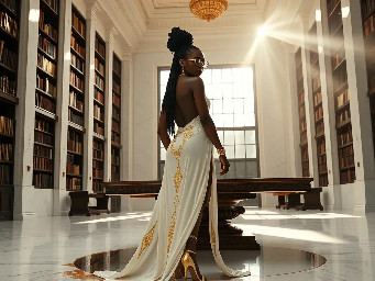 Ultra-detailed full body cinematic masterpiece, 8K, hyper-realistic shot low-angle below eye level at her waist looking up she's in the centre directly facing the camera lit by very faint sunlight. a graceful regal cute athletic voluptuous 20 year old East African Nubian/Habesha mixed princess standing in a vast white marble modern grand hall/library. She has thick elegant upswept bun long vellus dreadlocks loose locks framing her face with gold trinkets & radiant sweaty tanned dark cacao ebony skin. She has large bright regal hazel eyes framed with dark smoky eyeliner and pale shimmering gold eyeshadow & dark plum lipstick on her upper lip with a lighter plum tone on the lower lip. She wears a fitted very thin white chiffon silk halter bodice with a very deep plunging neckline & back and aa ankle-length flowing ribbon train made of two ribbon panels with dual wide symmetrical torso length splits along each leg, the dress has fine intricate angular shimmering gold symmetrical geometric pattern. Her jewelry is an elaborate black lace choker, gold circlet, earrings, chains, bracelets, armbands & anklets and elegant ivory & gold high stiletto shoes & glasses. She stands & leans back on a large ornate dark oak table eyes fixed on the camera. She has gold linear geometric patterns painted on her arms & shoulders. there's a puddle of water on the floor from her dripping wet dress. The setting is a grand sunlit white marble hall with tall soaring ceilings & grand white marble walls with towering dark wood shelves of books, a floor to ceiling rectangular-glass tinted window behind her with a polished patterned marble floor, casting warm amber diffused light and soft rim lighting around her silhouette. light rays cascade from the continuous glass windows near the ceiling refracting off the mild volumetric fog & dust in the room. The mood is bright, powerful & cinematic.  Palette of gold, white, ivory and amber.  Style: hyper-realistic & candid with afternoon sunlight in the grand space, diffused incandescent amber light, high detail, textures, no harsh direct bright light on the subject just warm refracted tones