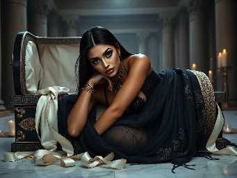 Ultra-photorealistic fantasy portrait, masterpiece, cinematic realism, 8K HDR, medium-format photography, physically based rendering, ultra-detailed skin with realistic pores, dramatic lighting, volumetric atmosphere, shallow depth of field.  Deity is Nephy, beautiful, tall 25 year old Egyptian-Turkish mixed enchantress, she has dark hazel eyes with amber highlights, with an inquisitive gaze. She has tanned almond radiant skin. She has shimmering dark blue eyeshadow and a smokey grey eyeliner. She has very long, glossy, thick, layered straight midnight black hair. She wears a black lace & satin and chiffon silk with a shimmering cobalt iridescence halter top with teardrop cutouts & microshorts. She wears ornate pale gold & dark blue sapphire cabochon jewelry; necklace with dark teal cabochon pendant, bracelets, earrings, anklets & rings. Black lace garter belt attached to thigh high sheer dark slate with a shimmering blue sparkling iridescence & pale gold lace upper border with pale gold filigree & dark sapphire cabochons.  Close-up centred portrait of a female deity laying slightly reclined on her side propped up on her elbows looking at the viewer on a large opulent ornate obsidian & gold open sarcophagus with ornately decorated silk sheets & puffy quilt in a dark chamber with sandstone rendered walls & polished white marble floors in a dimly candle lit Egyptian temple. the sheets are ivory with white floral embroidery, the thick quilt is a rich cream color with fine gold swirling filigree, numerous large white silk ribbons with ivory satin laurel leaf embroidery draped randomly on the sarcophagus. the scene though quite dark is illuminated by warm diffused amber candle light.