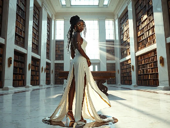 Ultra-detailed full body cinematic masterpiece, 8K, hyper-realistic shot low-angle below eye level at her waist looking up she's in the centre directly facing the camera lit by very faint sunlight. a graceful regal cute athletic voluptuous 20 year old East African Nubian/Habesha mixed princess standing in a vast white marble modern grand hall/library. She has thick elegant upswept bun long vellus dreadlocks loose locks framing her face with gold trinkets & radiant sweaty tanned dark cacao ebony skin. She has large bright regal hazel eyes framed with dark smoky eyeliner and pale shimmering gold eyeshadow & dark plum lipstick on her upper lip with a lighter plum tone on the lower lip. She wears a fitted very thin white chiffon silk halter bodice with a very deep plunging neckline & back and aa ankle-length flowing ribbon train made of two ribbon panels with dual wide symmetrical torso length splits along each leg, the dress has fine intricate angular shimmering gold symmetrical geometric pattern. Her jewelry is an elaborate black lace choker, gold circlet, earrings, chains, bracelets, armbands & anklets and elegant ivory & gold high stiletto shoes & glasses. She stands & leans back on a large ornate dark oak table eyes fixed on the camera. She has gold linear geometric patterns painted on her arms & shoulders. there's a puddle of water on the floor from her dripping wet dress. The setting is a grand sunlit white marble hall with tall soaring ceilings & grand white marble walls with towering dark wood shelves of books, a floor to ceiling rectangular-glass tinted window behind her with a polished patterned marble floor, casting warm amber diffused light and soft rim lighting around her silhouette. light rays cascade from the continuous glass windows near the ceiling refracting off the mild volumetric fog & dust in the room. The mood is bright, powerful & cinematic.  Palette of gold, white, ivory and amber.  Style: hyper-realistic & candid with afternoon sunlight in the grand space, diffused incandescent amber light, high detail, textures, no harsh direct bright light on the subject just warm refracted tones