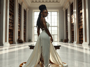 Ultra-detailed full body cinematic masterpiece, 8K, hyper-realistic shot low-angle below eye level at her waist looking up she's in the centre directly facing the camera lit by very faint sunlight. a graceful regal cute athletic voluptuous 20 year old East African Nubian/Habesha mixed princess standing in a vast white marble modern grand hall/library. She has thick elegant upswept bun long vellus dreadlocks loose locks framing her face with gold trinkets & radiant sweaty tanned dark cacao ebony skin. She has large bright regal hazel eyes framed with dark smoky eyeliner and pale shimmering gold eyeshadow & dark plum lipstick on her upper lip with a lighter plum tone on the lower lip. She wears a fitted very thin white chiffon silk halter bodice with a very deep plunging neckline & back and aa ankle-length flowing ribbon train made of two ribbon panels with dual wide symmetrical torso length splits along each leg, the dress has fine intricate angular shimmering gold symmetrical geometric pattern. Her jewelry is an elaborate black lace choker, gold circlet, earrings, chains, bracelets, armbands & anklets and elegant ivory & gold high stiletto shoes & glasses. She stands & leans back on a large ornate dark oak table eyes fixed on the camera. She has gold linear geometric patterns painted on her arms & shoulders. there's a puddle of water on the floor from her dripping wet dress. The setting is a grand sunlit white marble hall with tall soaring ceilings & grand white marble walls with towering dark wood shelves of books, a floor to ceiling rectangular-glass tinted window behind her with a polished patterned marble floor, casting warm amber diffused light and soft rim lighting around her silhouette. light rays cascade from the continuous glass windows near the ceiling refracting off the mild volumetric fog & dust in the room. The mood is bright, powerful & cinematic.  Palette of gold, white, ivory and amber.  Style: hyper-realistic & candid with afternoon sunlight in the grand space, diffused incandescent amber light, high detail, textures, no harsh direct bright light on the subject just warm refracted tones