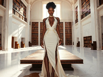 Ultra-detailed full body cinematic masterpiece, 8K, hyper-realistic shot low-angle below eye level at her waist looking up she's in the centre directly facing the camera lit by very faint sunlight. a graceful regal cute athletic voluptuous 20 year old East African Nubian/Habesha mixed princess standing in a vast white marble modern grand hall/library. She has thick elegant upswept bun long vellus dreadlocks loose locks framing her face with gold trinkets & radiant sweaty tanned dark cacao ebony skin. She has large bright regal hazel eyes framed with dark smoky eyeliner and pale shimmering gold eyeshadow & dark plum lipstick on her upper lip with a lighter plum tone on the lower lip. She wears a fitted very thin white chiffon silk halter bodice with a very deep plunging neckline & back and aa ankle-length flowing ribbon train made of two ribbon panels with dual wide symmetrical torso length splits along each leg, the dress has fine intricate angular shimmering gold symmetrical geometric pattern. Her jewelry is an elaborate black lace choker, gold circlet, earrings, chains, bracelets, armbands & anklets and elegant ivory & gold high stiletto shoes & glasses. She stands & leans back on a large ornate dark oak table eyes fixed on the camera. She has gold linear geometric patterns painted on her arms & shoulders. there's a puddle of water on the floor from her dripping wet dress. The setting is a grand sunlit white marble hall with tall soaring ceilings & grand white marble walls with towering dark wood shelves of books, a floor to ceiling rectangular-glass tinted window behind her with a polished patterned marble floor, casting warm amber diffused light and soft rim lighting around her silhouette. light rays cascade from the continuous glass windows near the ceiling refracting off the mild volumetric fog & dust in the room. The mood is bright, powerful & cinematic.  Palette of gold, white, ivory and amber.  Style: hyper-realistic & candid with afternoon sunlight in the grand space, diffused incandescent amber light, high detail, textures, no harsh direct bright light on the subject just warm refracted tones