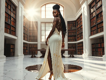Ultra-detailed full body cinematic masterpiece, 8K, hyper-realistic shot low-angle below eye level at her waist looking up she's in the centre directly facing the camera lit by very faint sunlight. a graceful regal cute athletic voluptuous 20 year old East African Nubian/Habesha mixed princess standing in a vast white marble modern grand hall/library. She has thick elegant upswept bun long vellus dreadlocks loose locks framing her face with gold trinkets & radiant sweaty tanned dark cacao ebony skin. She has large bright regal hazel eyes framed with dark smoky eyeliner and pale shimmering gold eyeshadow & dark plum lipstick on her upper lip with a lighter plum tone on the lower lip. She wears a fitted very thin white chiffon silk halter bodice with a very deep plunging neckline & back and aa ankle-length flowing ribbon train made of two ribbon panels with dual wide symmetrical torso length splits along each leg, the dress has fine intricate angular shimmering gold symmetrical geometric pattern. Her jewelry is an elaborate black lace choker, gold circlet, earrings, chains, bracelets, armbands & anklets and elegant ivory & gold high stiletto shoes & glasses. She stands & leans back on a large ornate dark oak table eyes fixed on the camera. She has gold linear geometric patterns painted on her arms & shoulders. there's a puddle of water on the floor from her dripping wet dress. The setting is a grand sunlit white marble hall with tall soaring ceilings & grand white marble walls with towering dark wood shelves of books, a floor to ceiling rectangular-glass tinted window behind her with a polished patterned marble floor, casting warm amber diffused light and soft rim lighting around her silhouette. light rays cascade from the continuous glass windows near the ceiling refracting off the mild volumetric fog & dust in the room. The mood is bright, powerful & cinematic.  Palette of gold, white, ivory and amber.  Style: hyper-realistic & candid with afternoon sunlight in the grand space, diffused incandescent amber light, high detail, textures, no harsh direct bright light on the subject just warm refracted tones