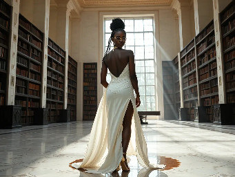 Ultra-detailed full body cinematic masterpiece, 8K, hyper-realistic shot low-angle below eye level at her waist looking up she's in the centre directly facing the camera lit by very faint sunlight. a graceful regal cute athletic voluptuous 20 year old East African Nubian/Habesha mixed princess standing in a vast white marble modern grand hall/library. She has thick elegant upswept bun long vellus dreadlocks loose locks framing her face with gold trinkets & radiant sweaty tanned dark cacao ebony skin. She has large bright regal hazel eyes framed with dark smoky eyeliner and pale shimmering gold eyeshadow & dark plum lipstick on her upper lip with a lighter plum tone on the lower lip. She wears a fitted very thin white chiffon silk halter bodice with a very deep plunging neckline & back and aa ankle-length flowing ribbon train made of two ribbon panels with dual wide symmetrical torso length splits along each leg, the dress has fine intricate angular shimmering gold symmetrical geometric pattern. Her jewelry is an elaborate black lace choker, gold circlet, earrings, chains, bracelets, armbands & anklets and elegant ivory & gold high stiletto shoes & glasses. She stands & leans back on a large ornate dark oak table eyes fixed on the camera. She has gold linear geometric patterns painted on her arms & shoulders. there's a puddle of water on the floor from her dripping wet dress. The setting is a grand sunlit white marble hall with tall soaring ceilings & grand white marble walls with towering dark wood shelves of books, a floor to ceiling rectangular-glass tinted window behind her with a polished patterned marble floor, casting warm amber diffused light and soft rim lighting around her silhouette. light rays cascade from the continuous glass windows near the ceiling refracting off the mild volumetric fog & dust in the room. The mood is bright, powerful & cinematic.  Palette of gold, white, ivory and amber.  Style: hyper-realistic & candid with afternoon sunlight in the grand space, diffused incandescent amber light, high detail, textures, no harsh direct bright light on the subject just warm refracted tones